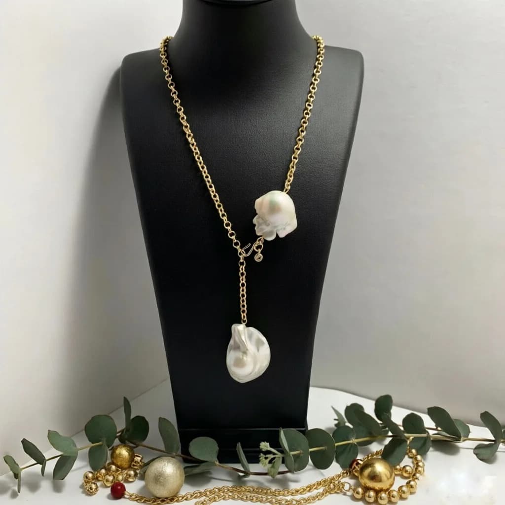 Freshwater Oval Pearls Pendant Necklace Double-Bead Long Sweater Chain Collar for Women Fashion Choker Jewelry Gifts Adjustable