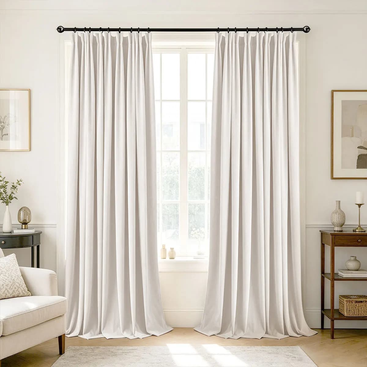 White Velvet Blackout Curtains 2‑Pack, Pinch Pleat Hook Top Drapes, Modern Solid Curtain for Bedroom Living Room Home Decor