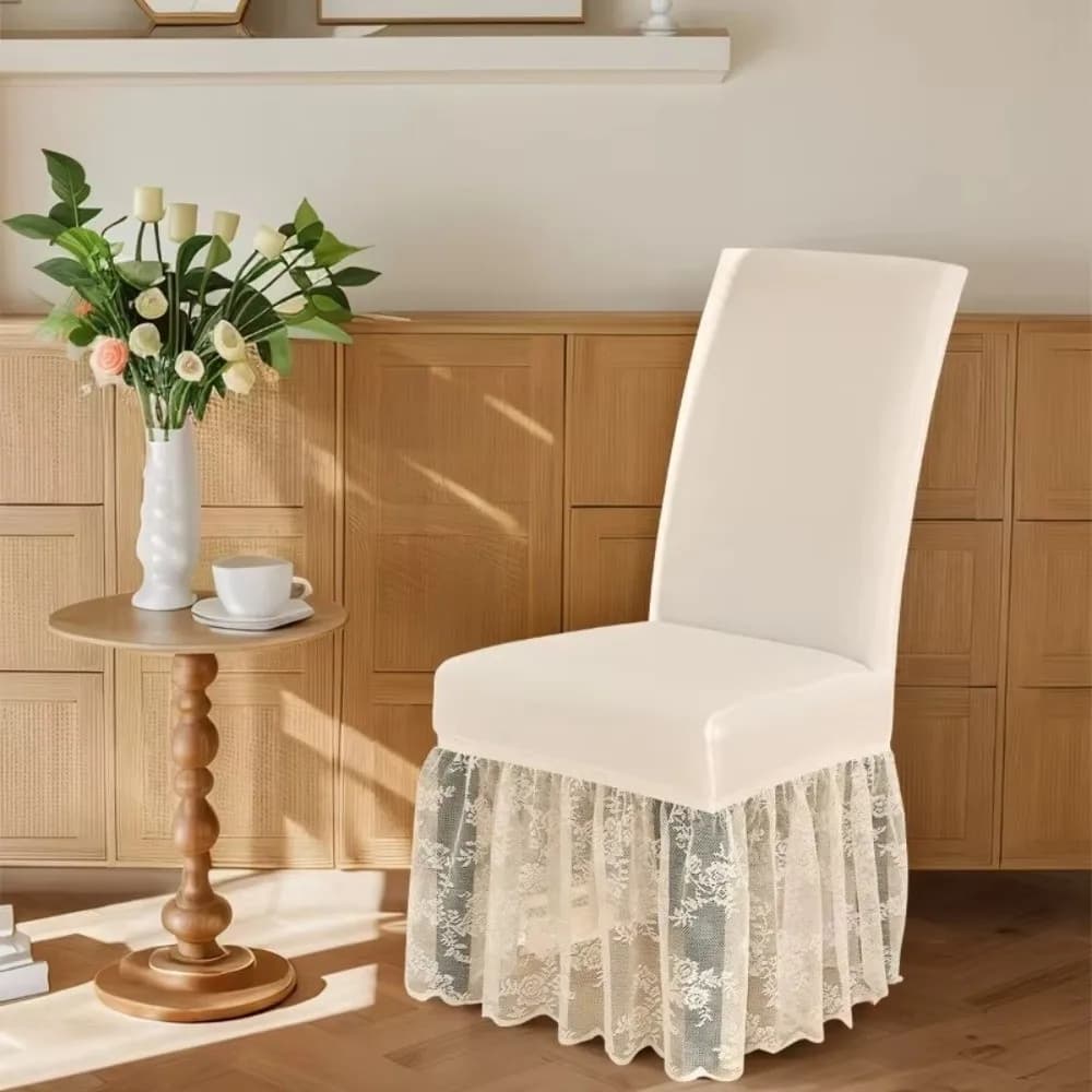 Fodera per sedia da pranzo in tessuto Milk-Silk con gonna, design universale, coprisedile antipolvere con finiture in pizzo, copricuscino per sedia da soggiorno
