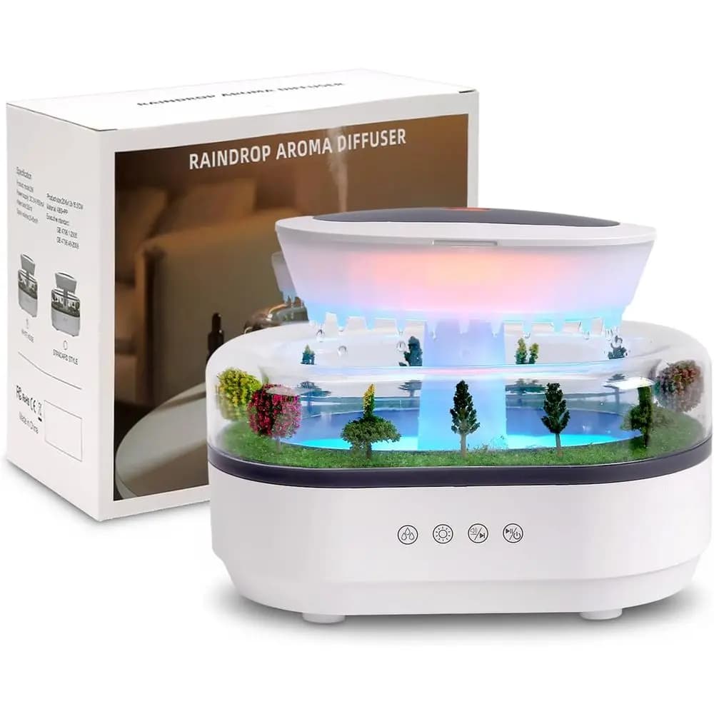 Diffuser by Aromi Rain Huiier with Rain Effect, 7 Colors and Sounds of Rain, 250ml per Bedroom, Silent Lamp