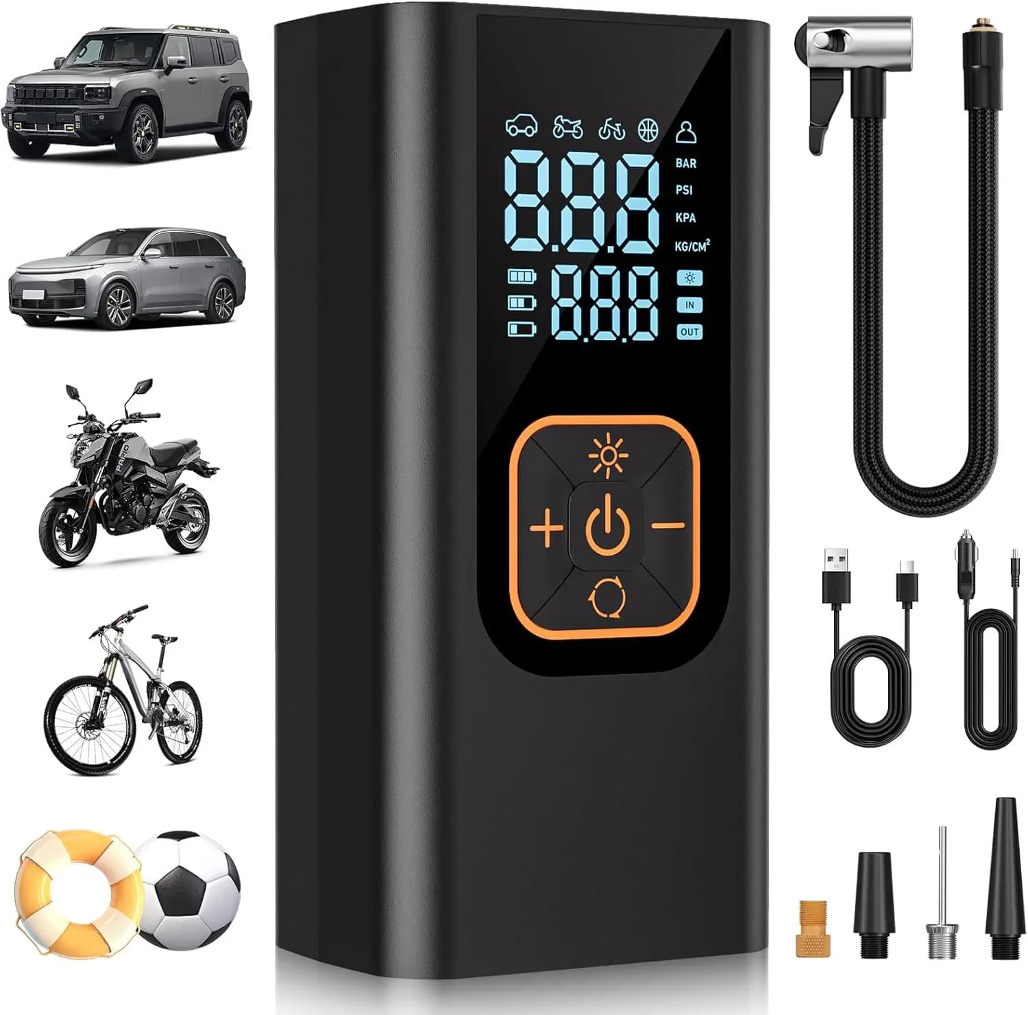 Portable Air Compressor with Digital Pressure Gauge, 180PSI Rapid Pump for Bike Motors, LED Light