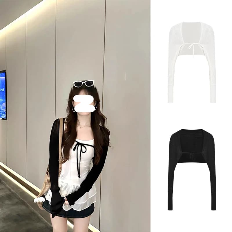 MosesQueen Korean Style Short Knitted Sun Protection Cardigan Women's Summer Thin Belted Open Cardigan Breathable Lightweight