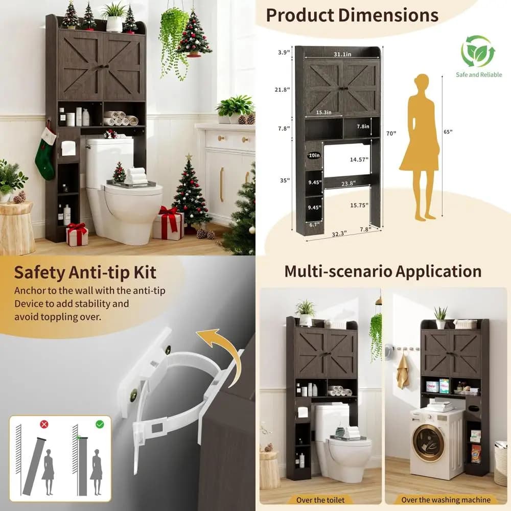 Mobiletto Salvaspazio Sopra il WC, Organizzatore Bagno Marrone Rustico Largo 82 cm con Porta Carta Igienica e Porta Scorrevole, Salvaspazio