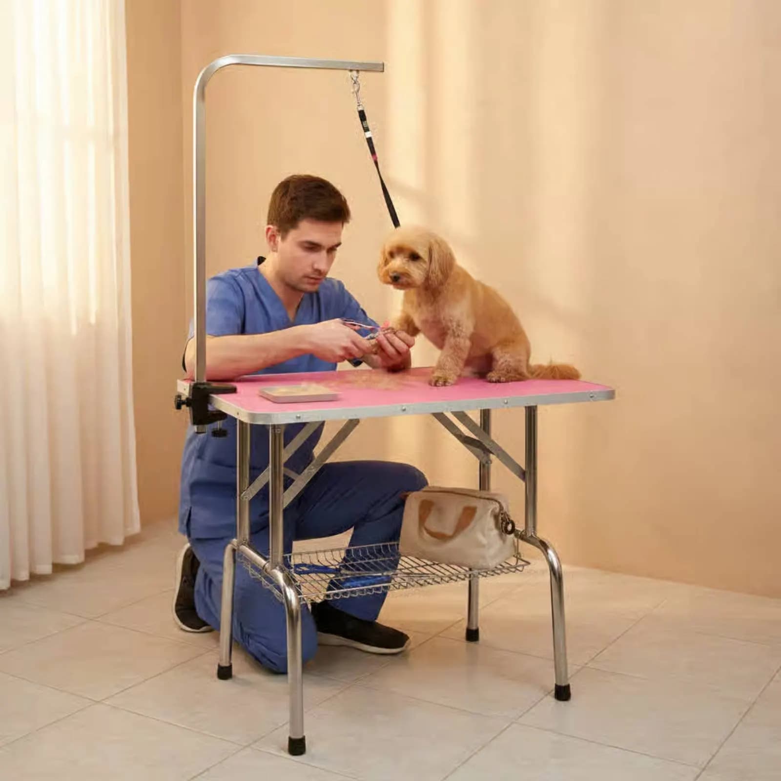 Tavolo Pieghevole per Toelettatura Animali con Superficie Antiscivolo, Impermeabile e Costruzione Stabile