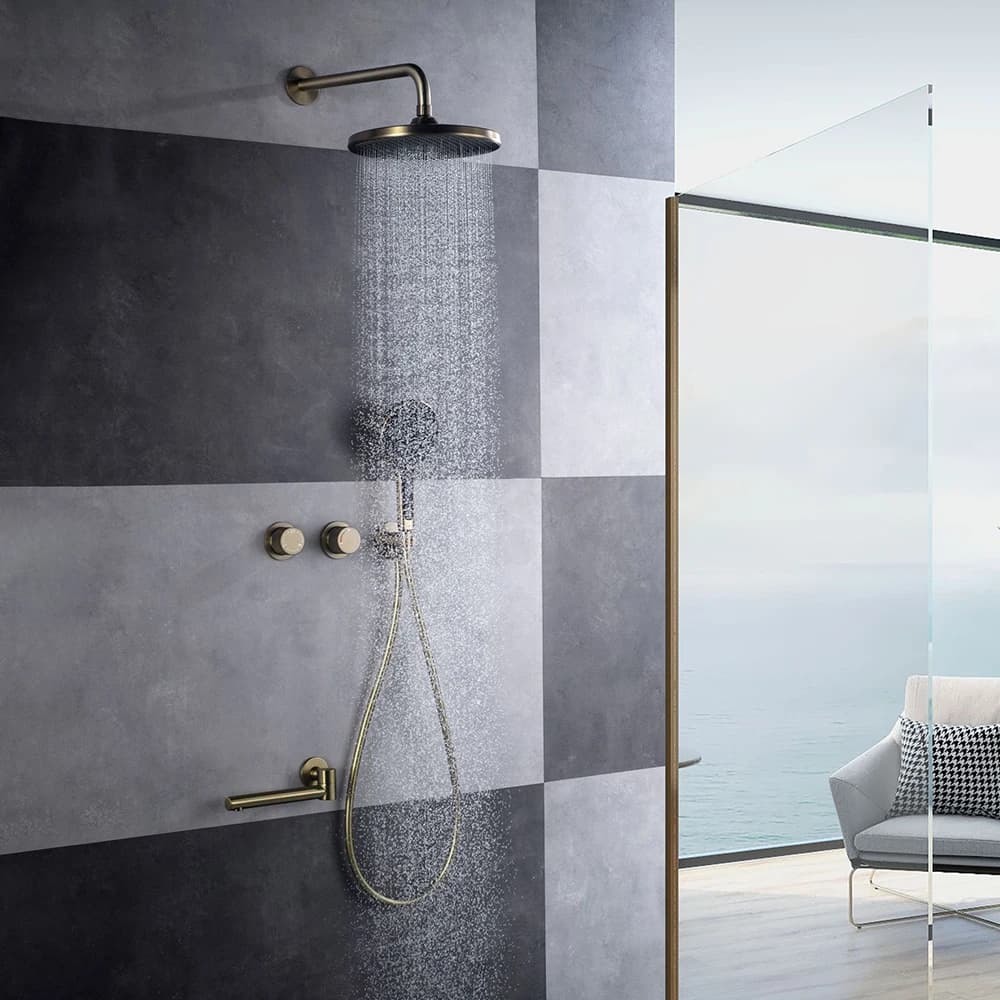 Set Doccia a Incasso Oro Spazzolato, Sistema Doccia a Pioggia a Parete Semplice a 3 Funzioni, Valvola Miscelatrice Acqua Calda e Fredda in Ottone
