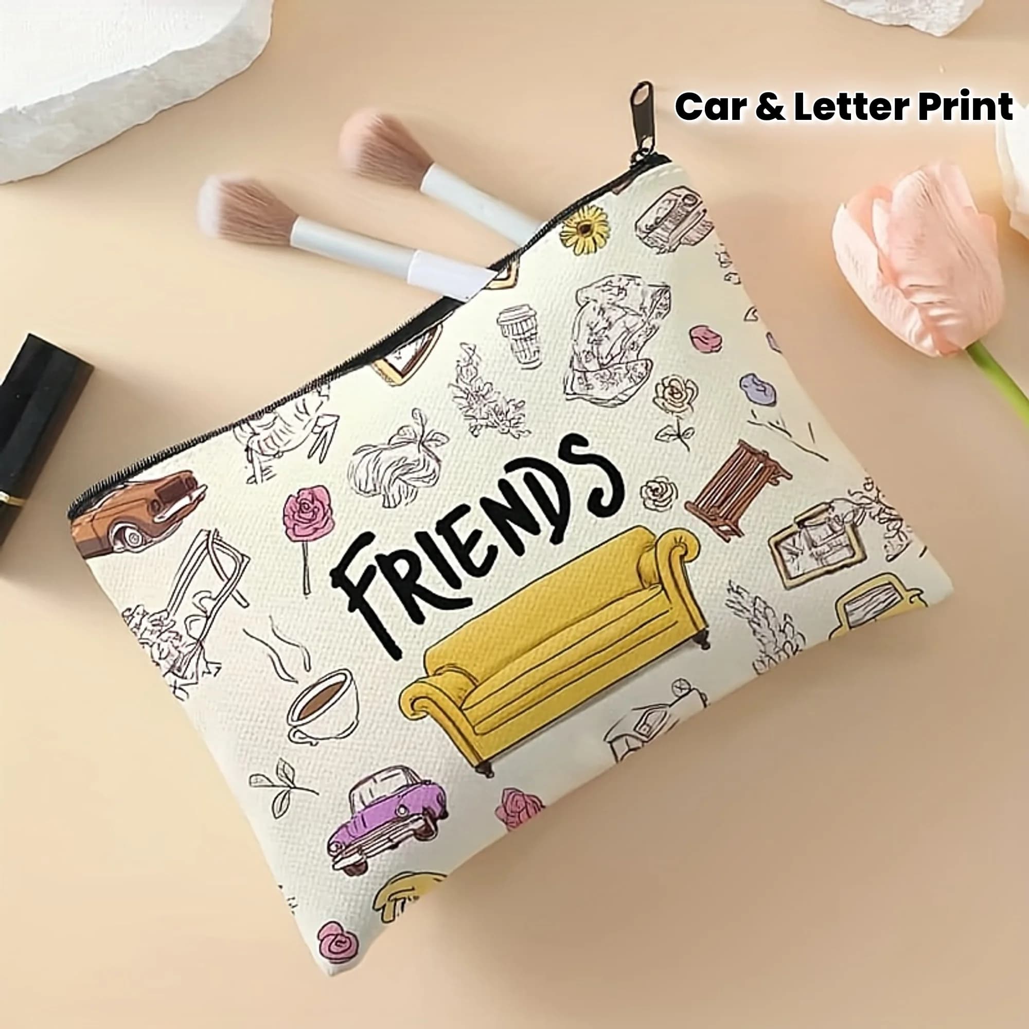 1 pz Elegante Pochette da Viaggio con Stampa Lettere Auto, Organizer Versatile per Cosmetici e Trucchi, Borsa per Oggetti Essenziali