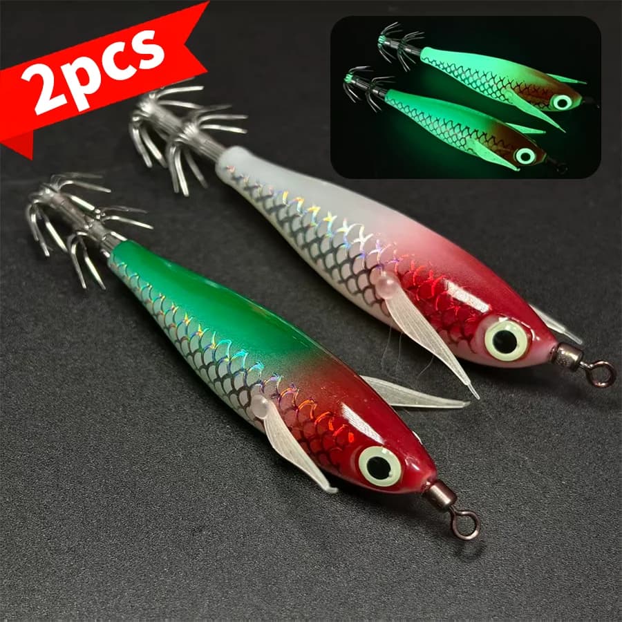 2Pcs Fishing Lure Squid Hook 8cm 5.6g Full-body Noctilucent Wood Shrimp Dual Hook Noise-Making Fishing Bait Fishing Accessories