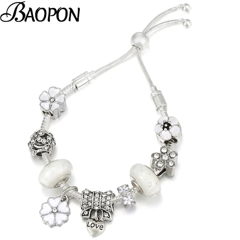 Nuovo braccialetto con ciondolo con perline a forma di fiore con serratura a chiave con braccialetti a catena regolabili color argento per regalo di gioielli per fidanzata da donna