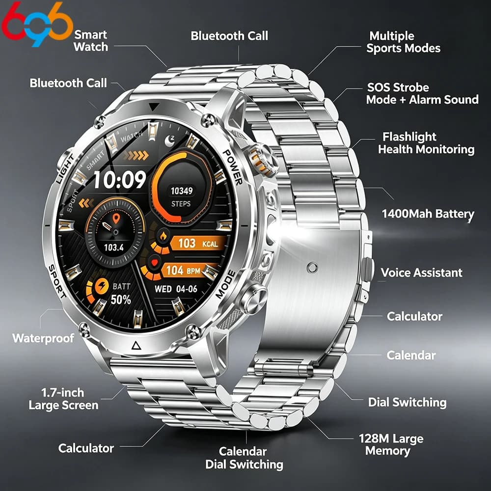 Smartwatch Military for Men, Smart Watch for Foreigners Waterproof with Flashlight, SOS Health Monitoring, Cardiac Frequency, BT Calls, Sporty Bracelet, 1400mAh Battery