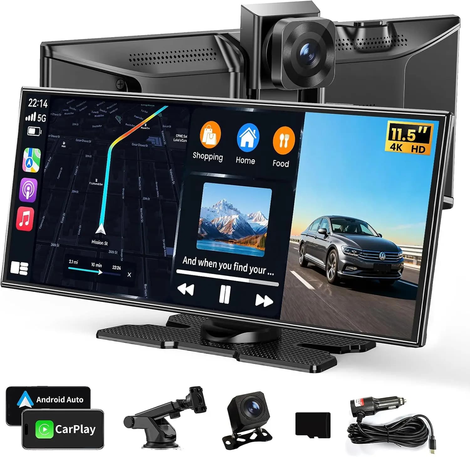 Schermo Touchscreen Wireless da 11,5 Pollici con CarPlay e Android Auto, Dash Cam 4K, Telecamera Posteriore, GPS per Tutti i Veicoli