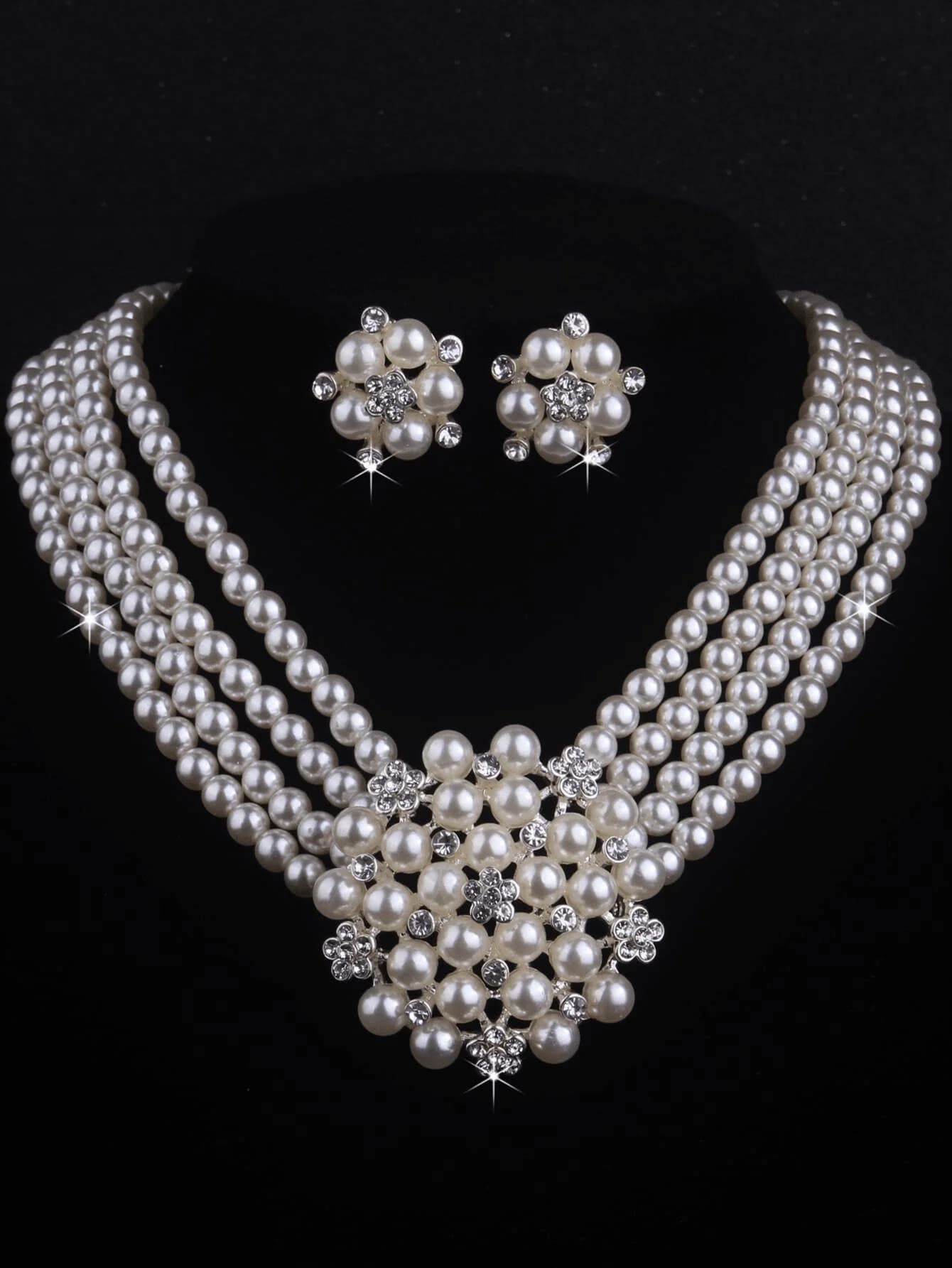 3 Pieces Faux Pearl Happiness Flower Wedding Necklace Earrings Jewelry Set Suitable For Dinner Party Brides Wedding Accessories