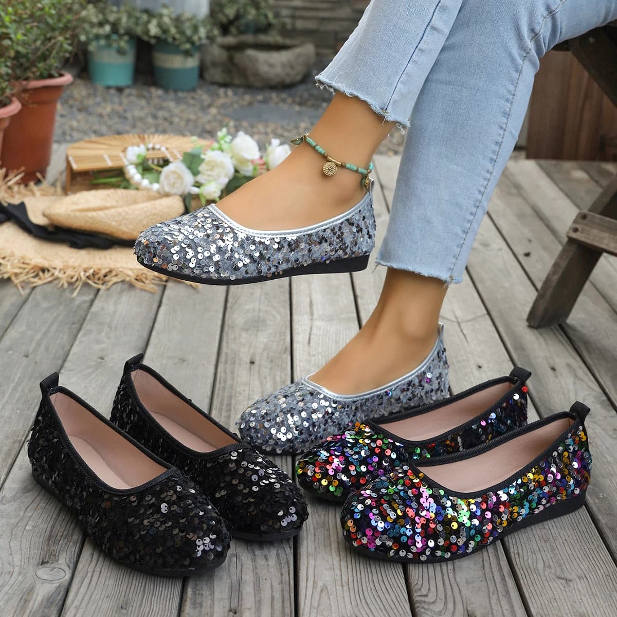Moccasins and Soft Sole Dancers for Women, New Korean Version 2026 Low Shoes with Sequins for Women