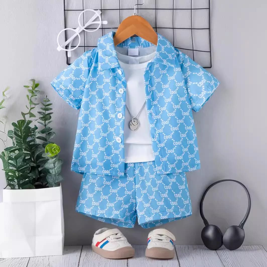 Kid Fashion Boy Outfit Three Piece Set Light Blue Short Sleeve Top Shirt Plain White Inner T-Shirt Blue Shorts Children Clothing