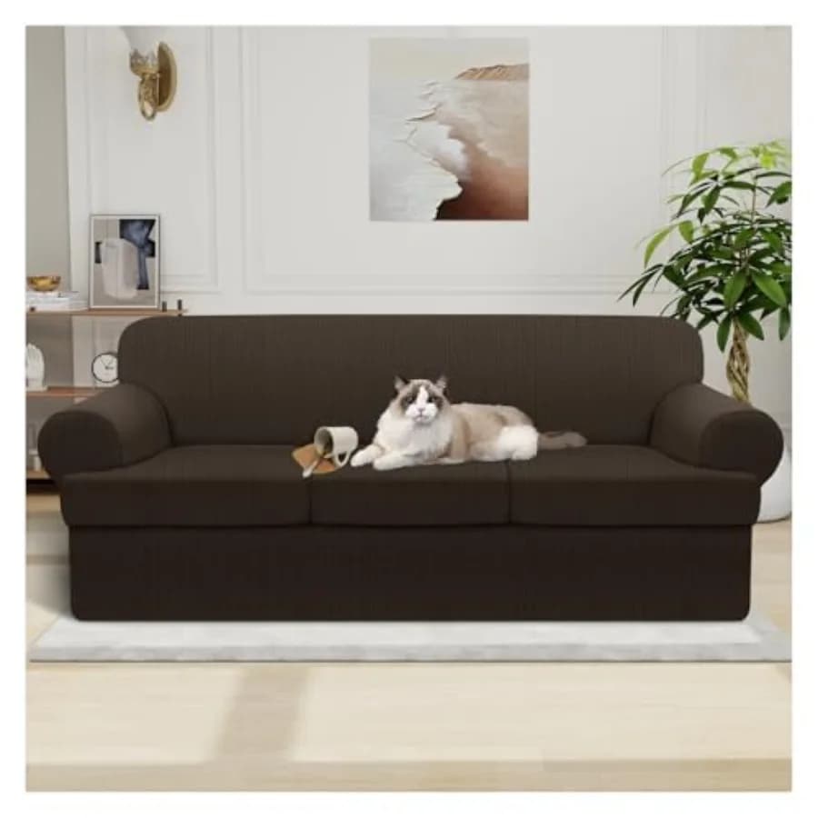 Copridivano Impermeabile Set 4 Pezzi a Righe per Divano a 3 Posti con Cuscini Separati - Coperture per Divano in Tessuto TPU Antiscivolo