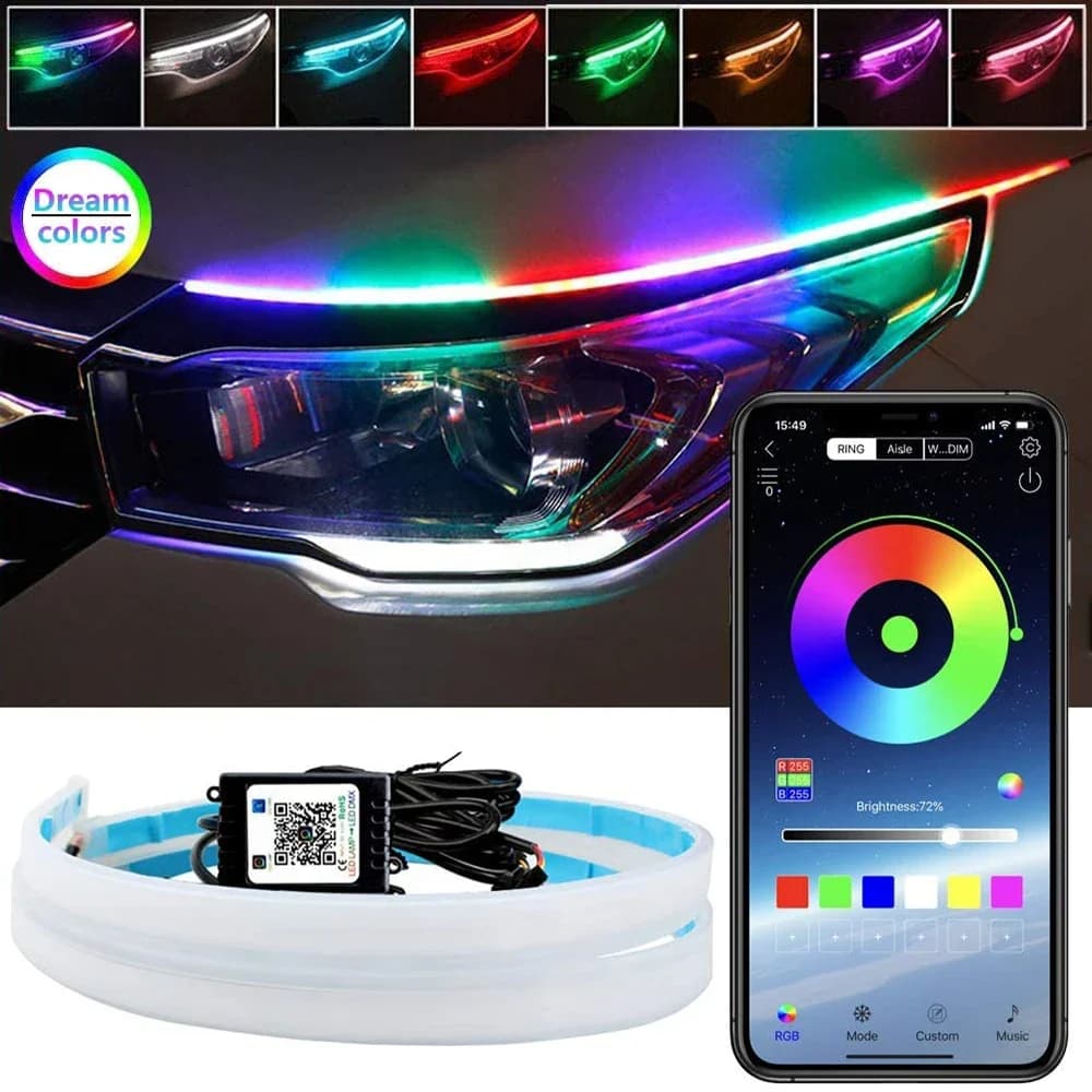 2Pcs RGB Daytime Running Light DRL Universal Flexible Flowing Multi Color LED Strip Headlight Indicators