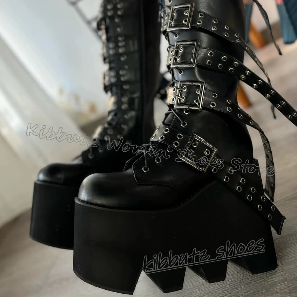 Stivali alti al ginocchio con plateau rivetti Punta tonda in pelle Fondo spesso Rock Punk Gotico Hot Girl Tinta unita Moda Elegante Conciso Nuovo