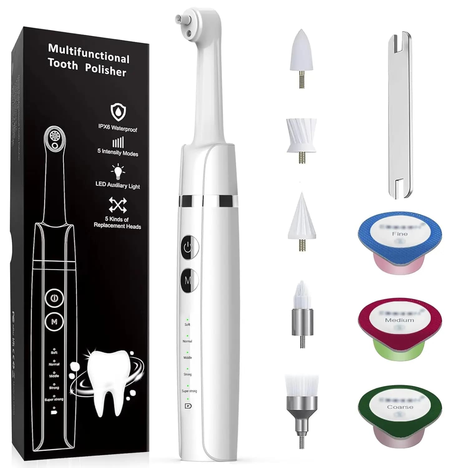 USB Rechargeable Tooth Polisher with LED Light, 6 Heads and 5 Speed for Daily Cleaning and Whitening
