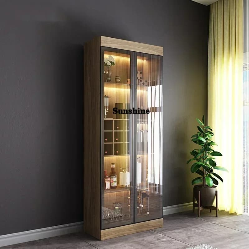 Mobile Bar YHome, Cantinetta Vini Moderna con Vetrina, Mobile Espositore in Legno Massello per Vini