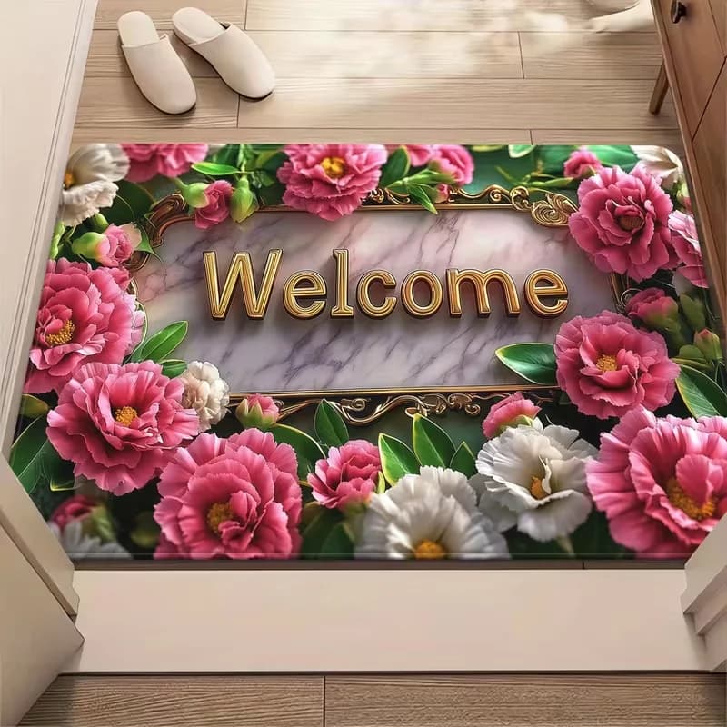 Tappeto d'ingresso floreale - Tappeto antiscivolo lavabile in poliestere con fiori rosa e bianchi per camera da letto, soggiorno o ingresso