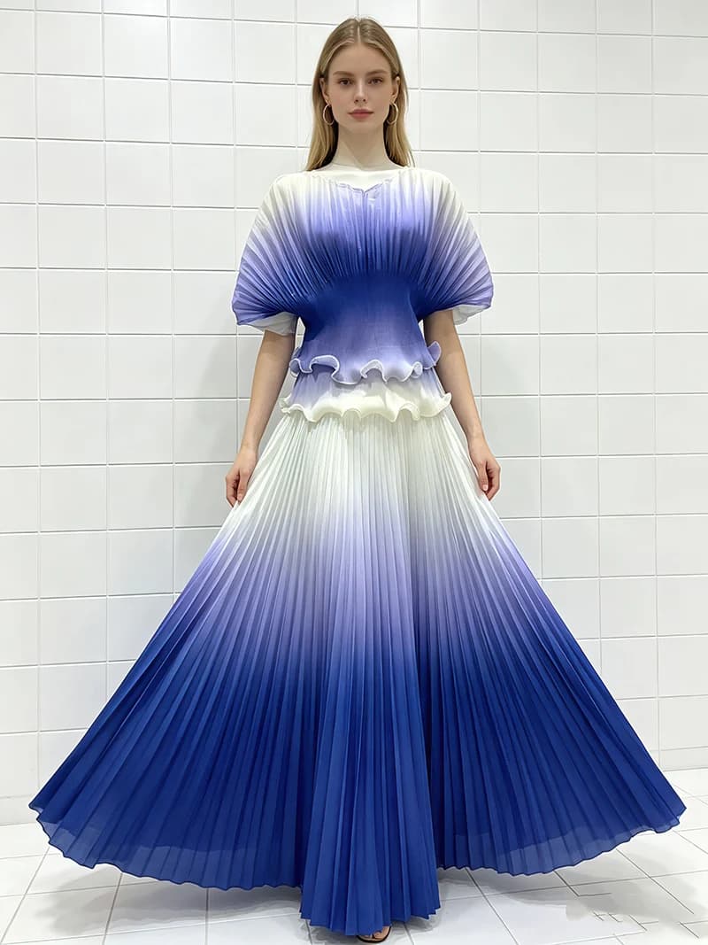 Miyake Pleated Printed Gradient-Color Ruffled Blouse Two Piece Sets For Women Elegant Scalloped Hem Crop Top and Long Skirt Suit