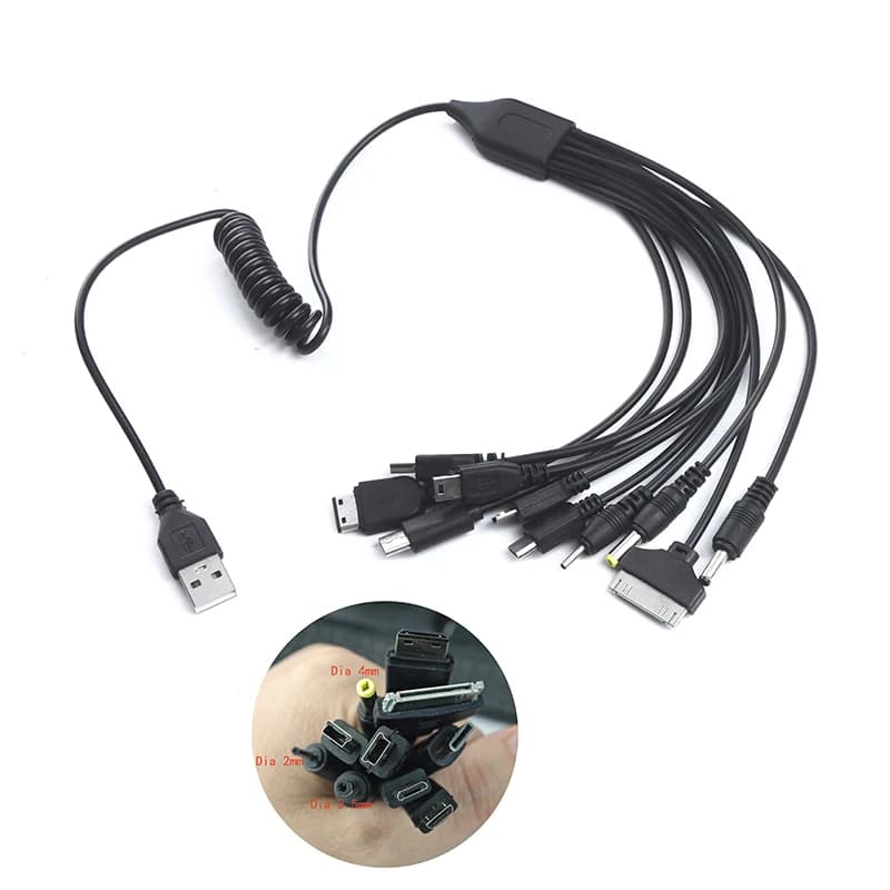 Nuovo utile cavo caricabatterie portatile multiplo nero 10 in 1 USB 2.0, cavo universale da USB-A a multi-attacco per cellulare.