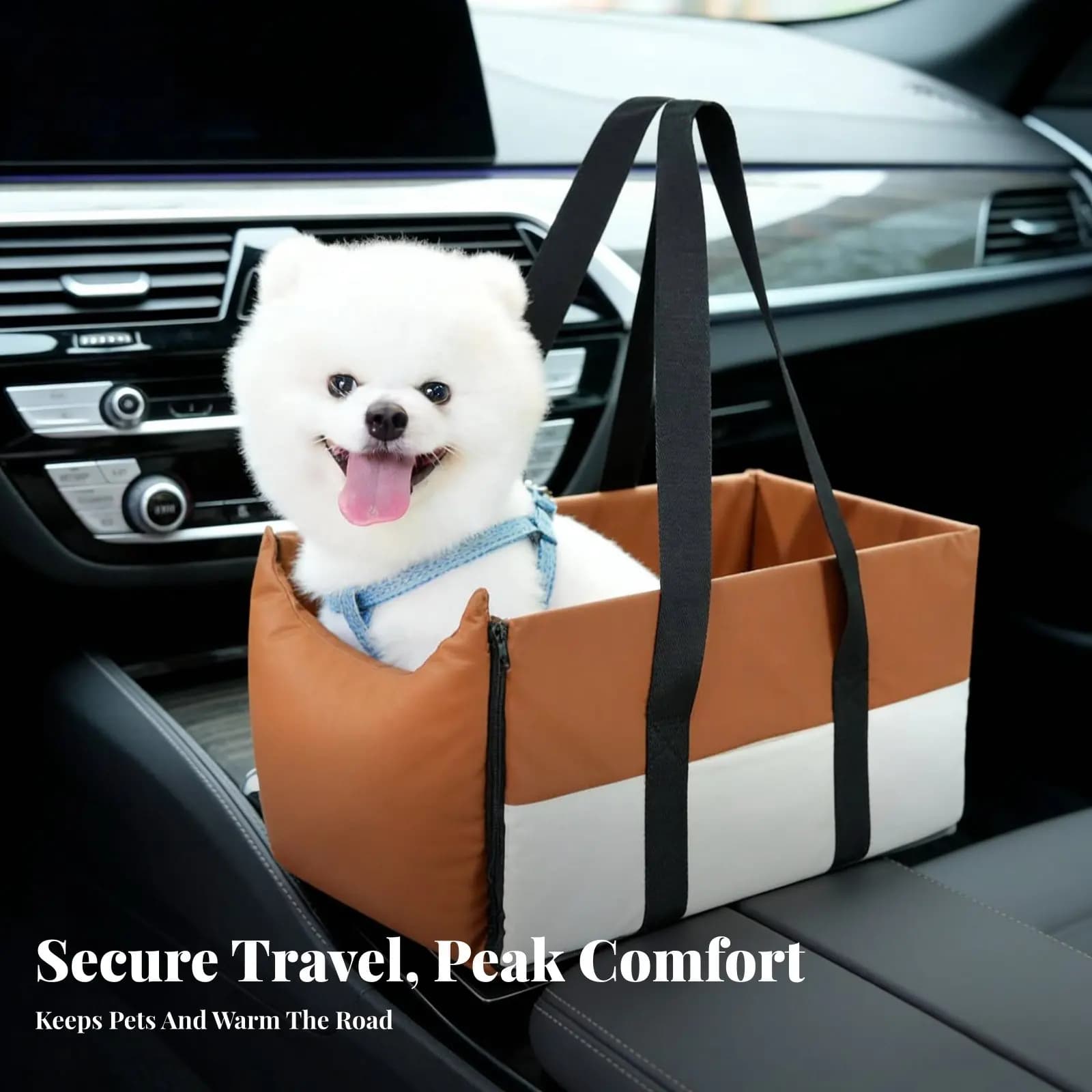 Sedile per Cani da Auto per Console Centrale, Lavabile, con Bracciolo e Guinzaglio di Sicurezza Integrato per Viaggi su Autostrada