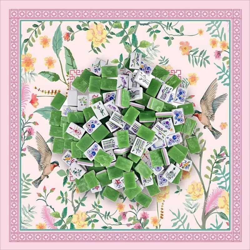 Acrylic American Mahjong set with light pink garden bird pattern game mat, 166 marble tile non-slip mat,4-person club games