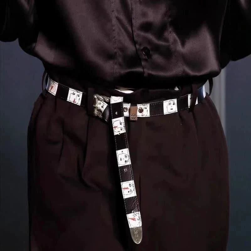 Cintura da naso unisex di seconda generazione con stampa di scacchiera disegnata a mano Cintura jeans regolabile in bianco e nero con cartoni animati gotici per uomo e donna