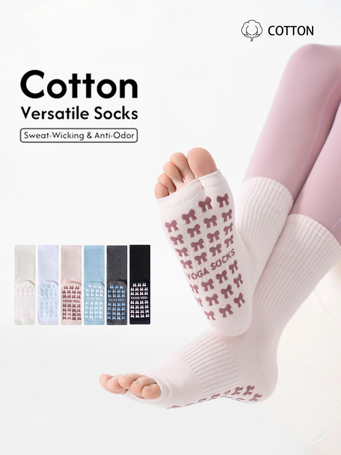 1/2 Pair of Open-Toe Women's Yoga Socks, Bow-Knot Silicone Non-Slip Mid-Calf Socks, Cotton Blend Pilates Indoor Fitness Sports Socks