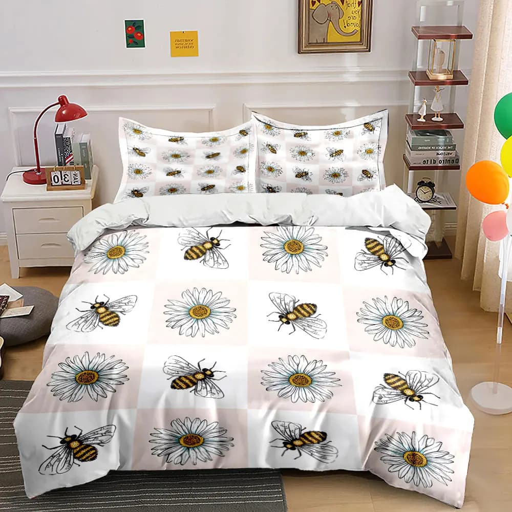 Set copripiumino con motivo di api e margherite disegnati a mano, stampa digitale, biancheria da letto colorata in poliestere con chiusura a cerniera, ideale come regalo per bambini.