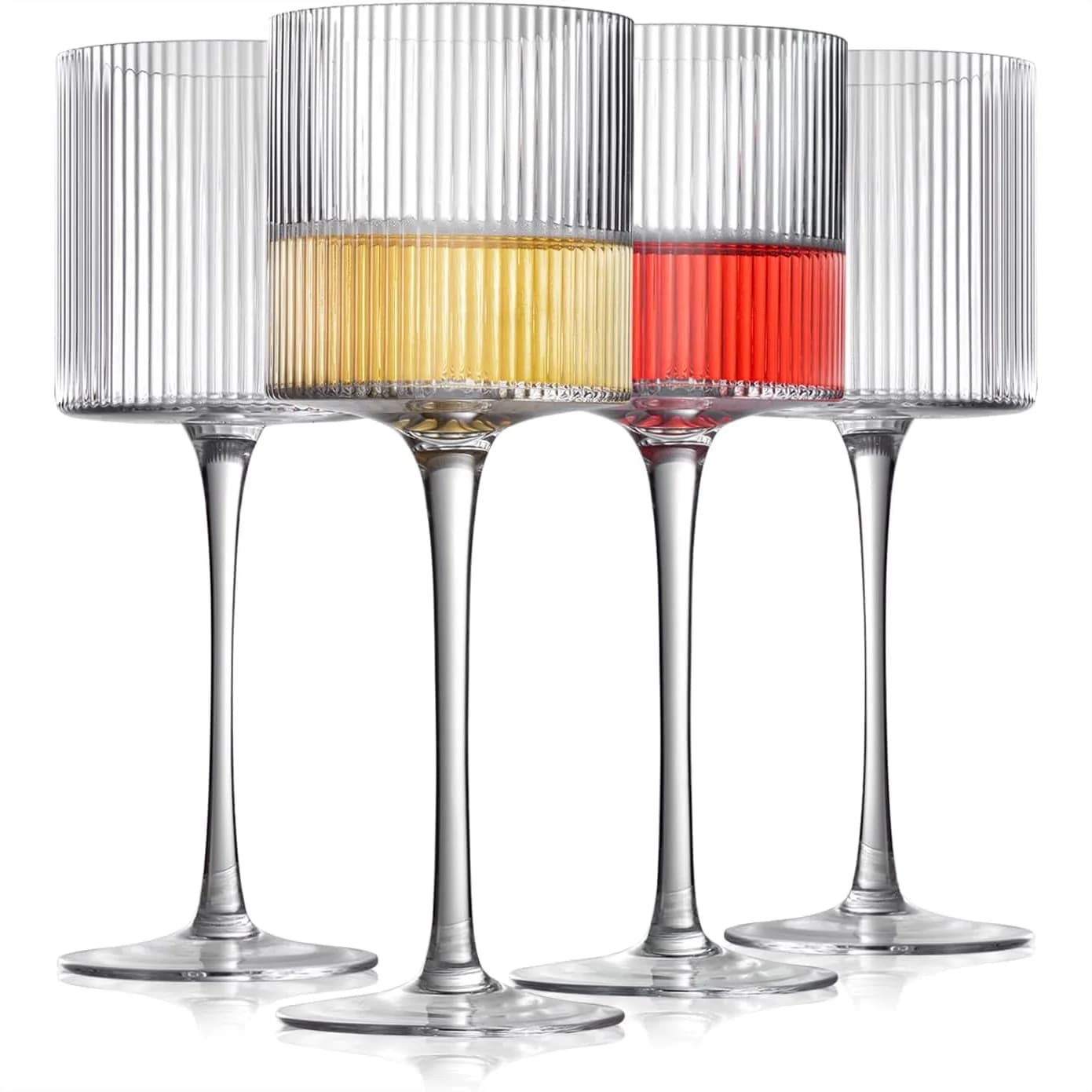 Square Wine Glasses Set of 4, Elegant Ribbed Design 12.5oz, Long Stem Unique Modern Shape for Red & White Wine