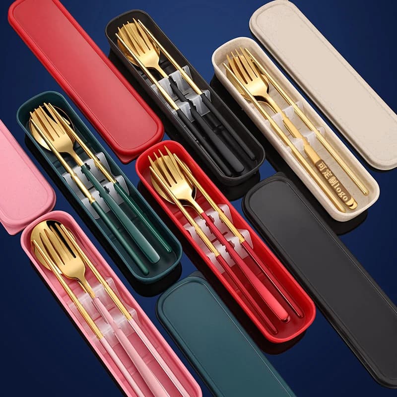 3pcs 3set Tableware Set Stainless Steel Chopsticks Fork Spoon Set Travel Flatware Lunch Tableware Kitchen Accessories With Box