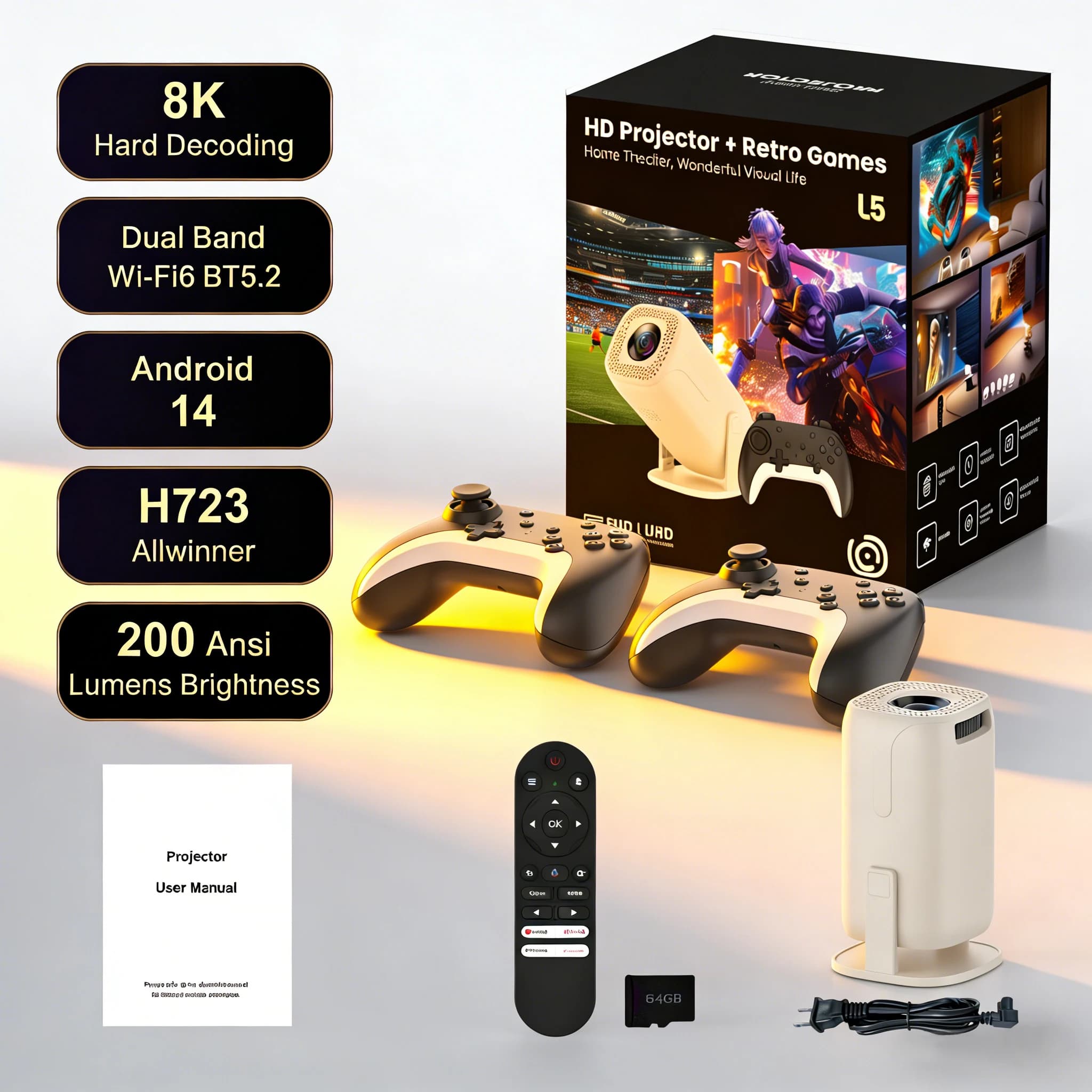Proiettore da Gaming U5 Android 14 con Controller Wireless AY Super Card 5x Speed, Telecomando Vocale Bluetooth e Proiettore Video Netflix