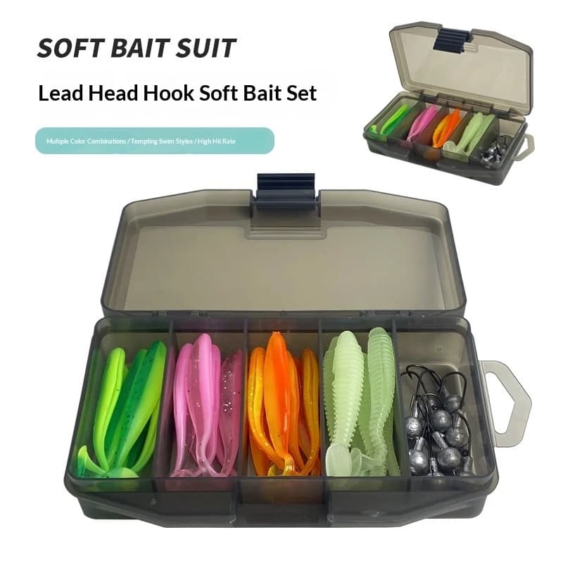 Kit di 33 Esche Morbide da Pesca con Testa a T e Teste Piombate, Scatola Porta Attrezzi per Bass, Luccio e Persico