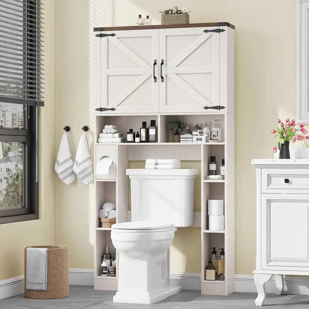 Mobiletto Salvaspazio da Posizionare Sopra il WC con 2 Ripiani e Portarotolo per l'Organizzazione del Bagno
