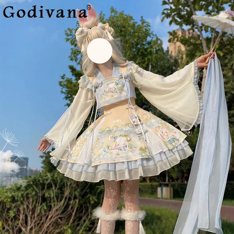 Dolce Ragazze Cos Lolita Dress Set Donne Kawaii Simpatico Cartone Animato Coniglio Stampa Party Mini Abiti Y2k Manica Lunga Magliette E Camicette Kc Abiti