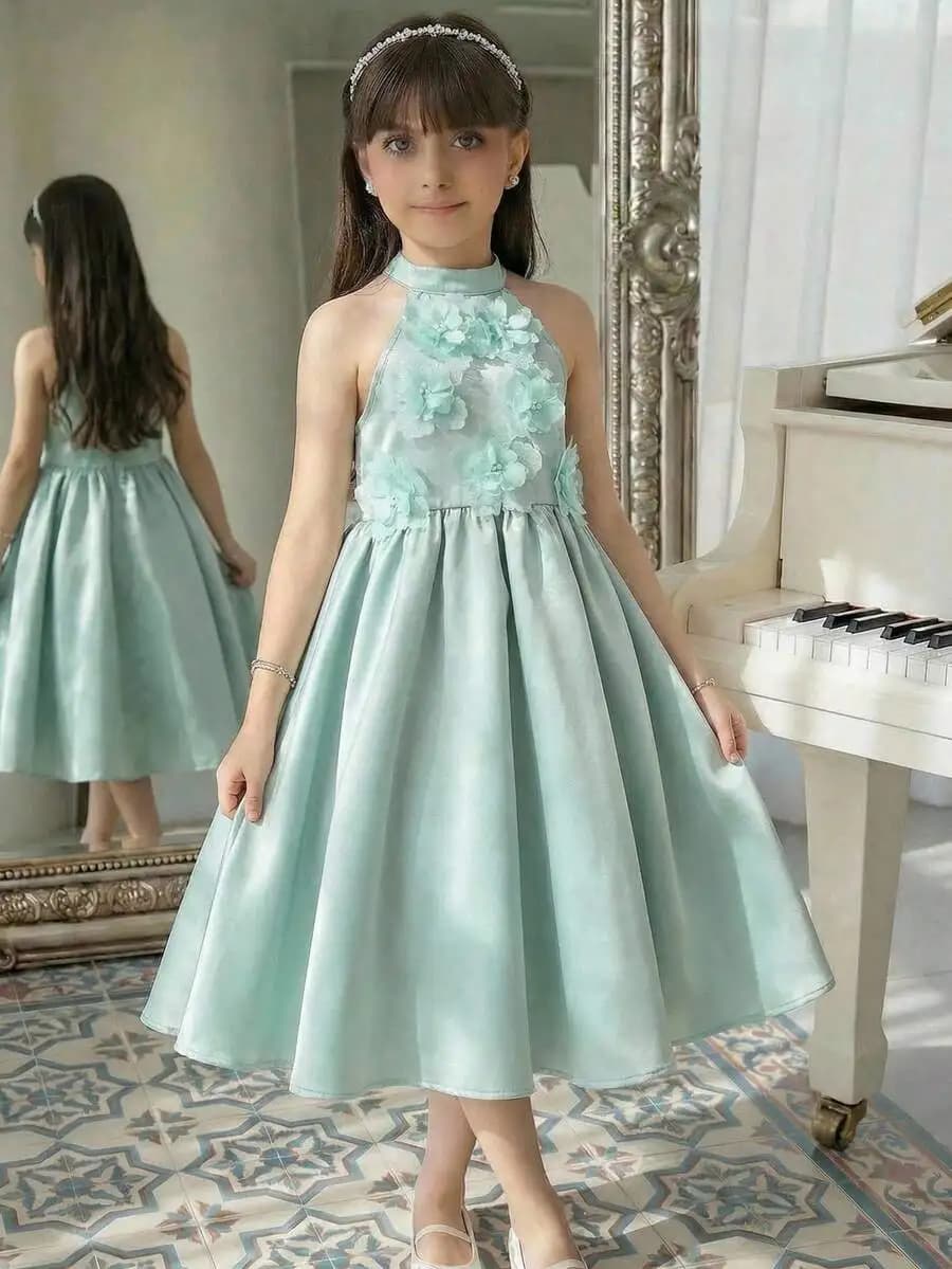 Elegant Halter Neck 3D Floral Applique Satin A-Line Evening Dress