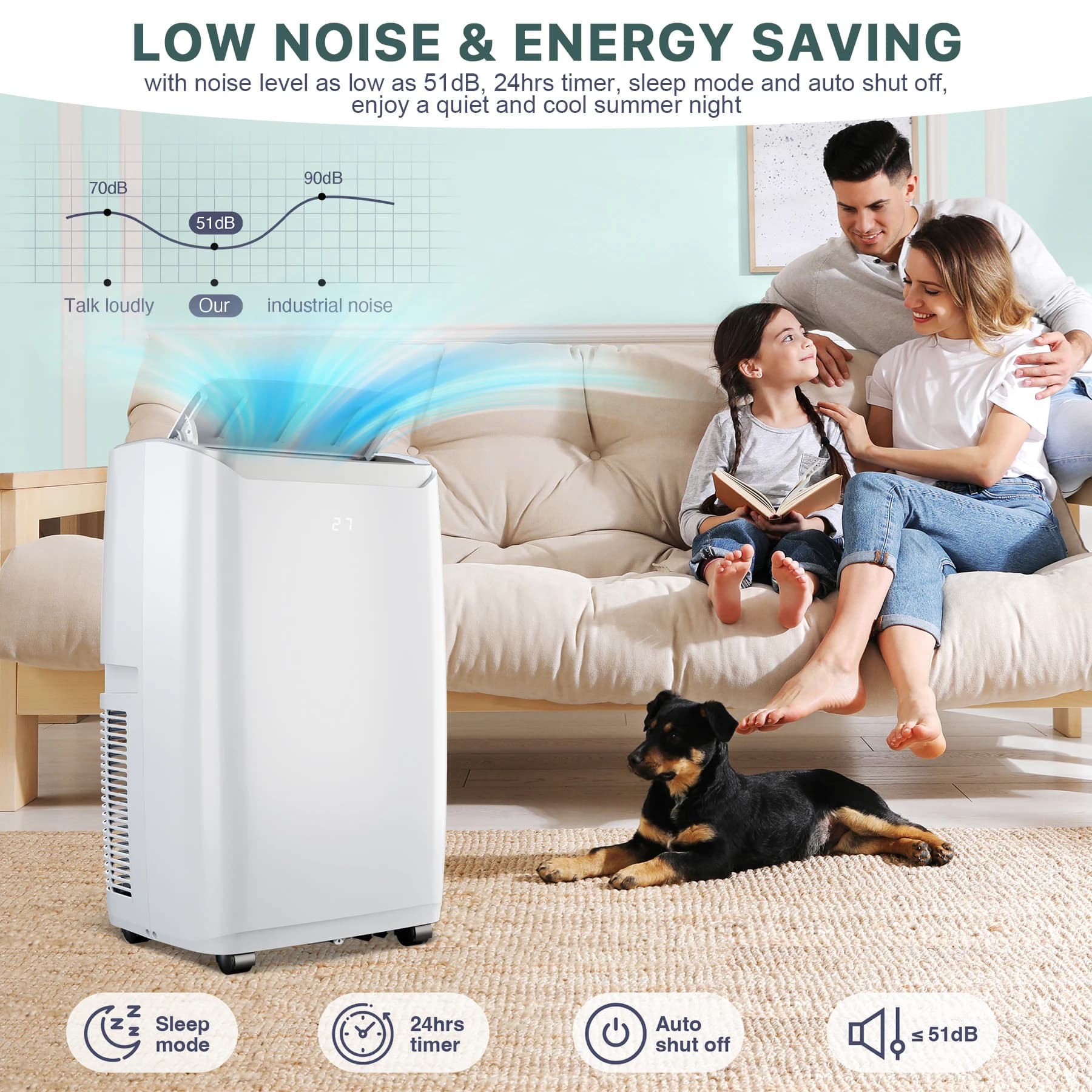 Condizionatore portatile da 12000 BTU, modalità raffreddamento/deumidificazione/aria fresca 3 in 1, 550 mq. Copertura piedi, modalità sospensione silenziosa 51 dB, Por