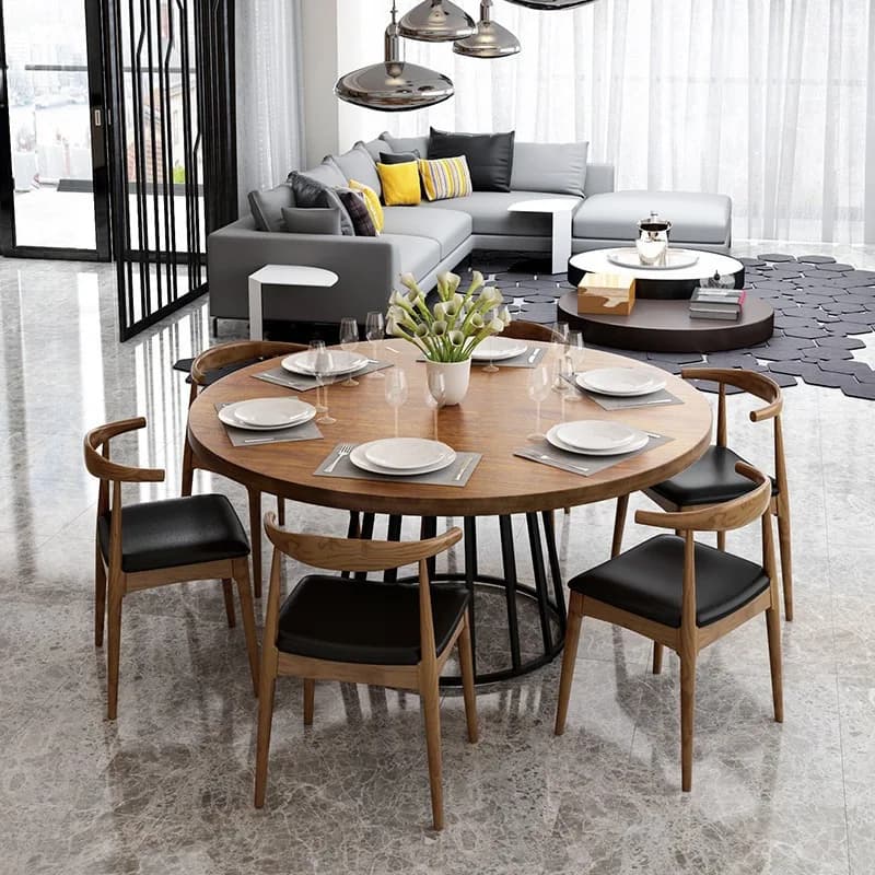 Solid wood round table dining table large board table log wrought iron combination catering box dinner