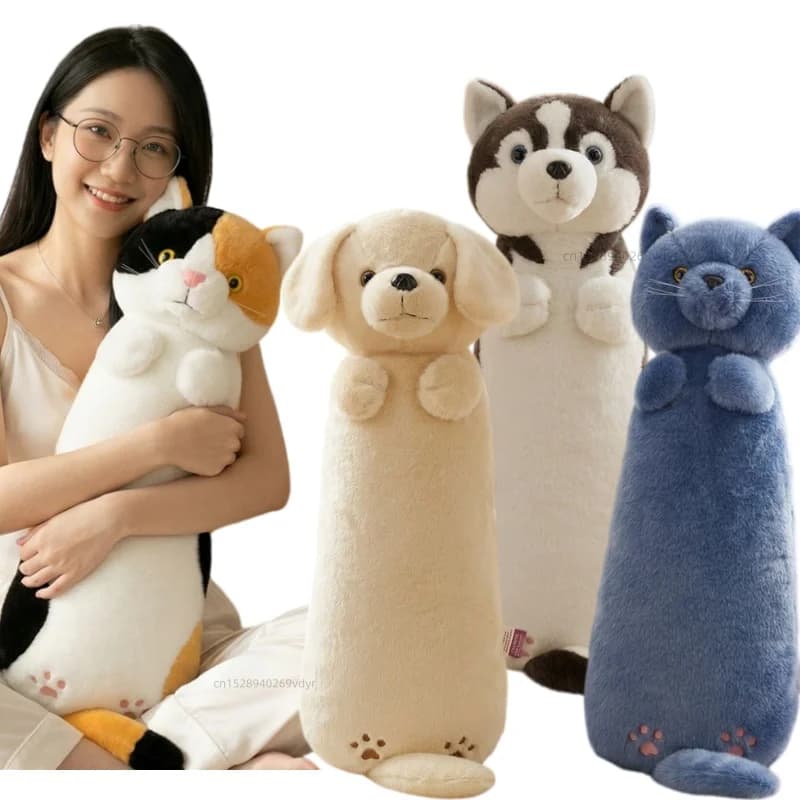 New Animal Plush Toy Long Brown Grey Blue Sleeping Cats Dogs Pillow Husky Soft Adorable Animal Doll Appeasing Xmas Gift Decor