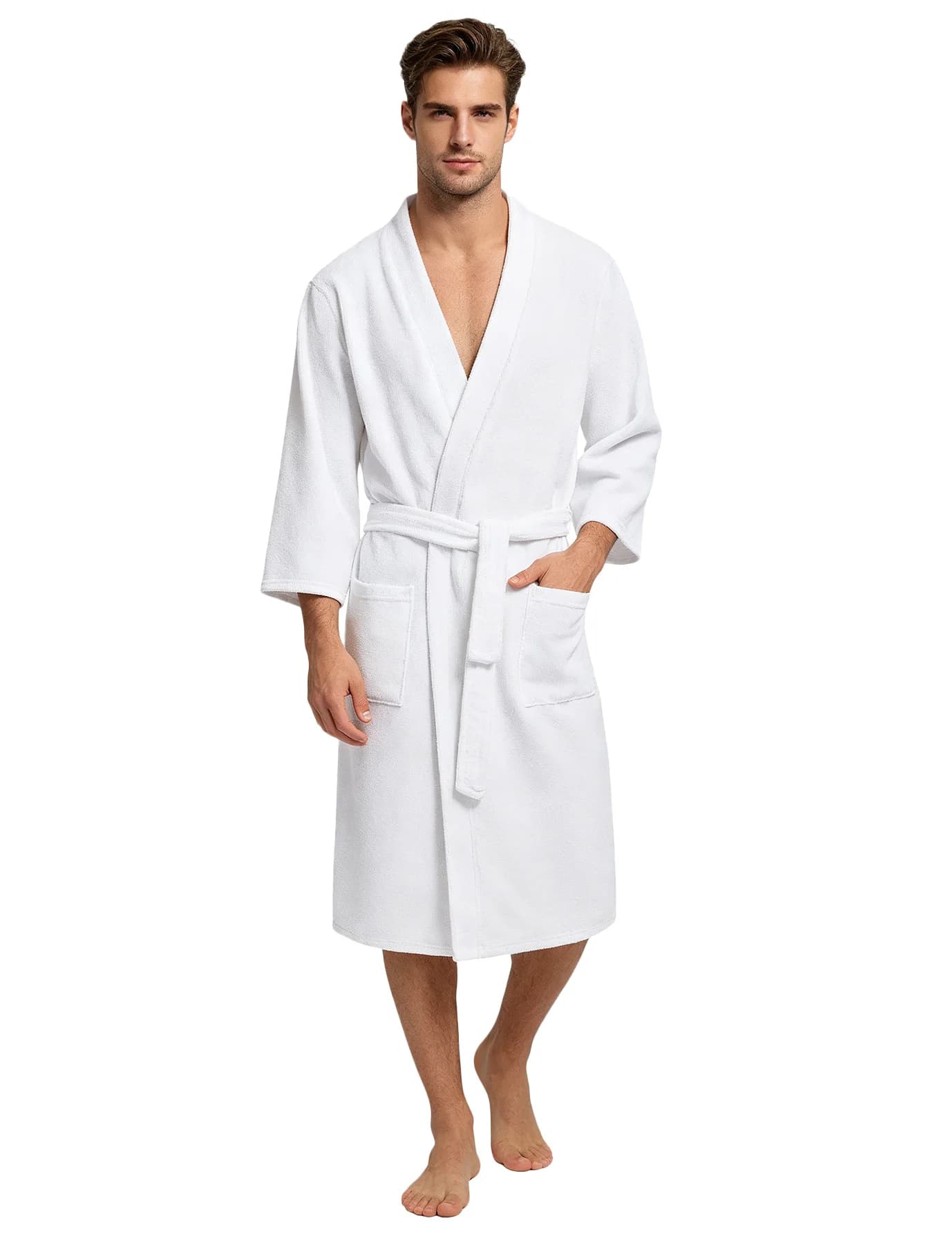 Mens Terry Cloth Bathrobe Kimono Collar 3/4 Sleeve Absorbent with Belt Pockets Soft Lightweight for Spa Hotel Home Loungewear