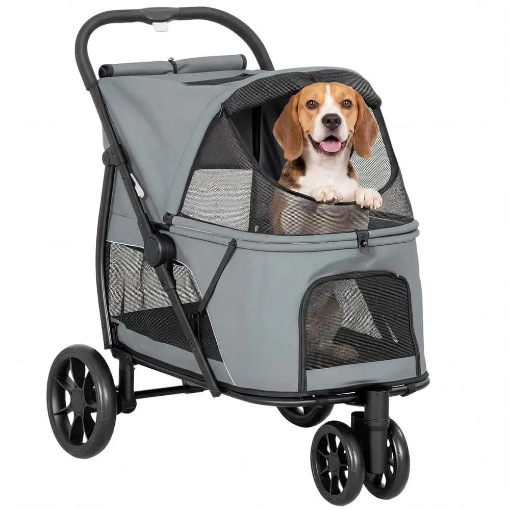 Passeggino per animali domestici per tutti i terreni con doppio ingresso, per cani e gatti di taglia piccola e media, fino a 20 kg, con rete traspirante e cuscino lavabile, grigio