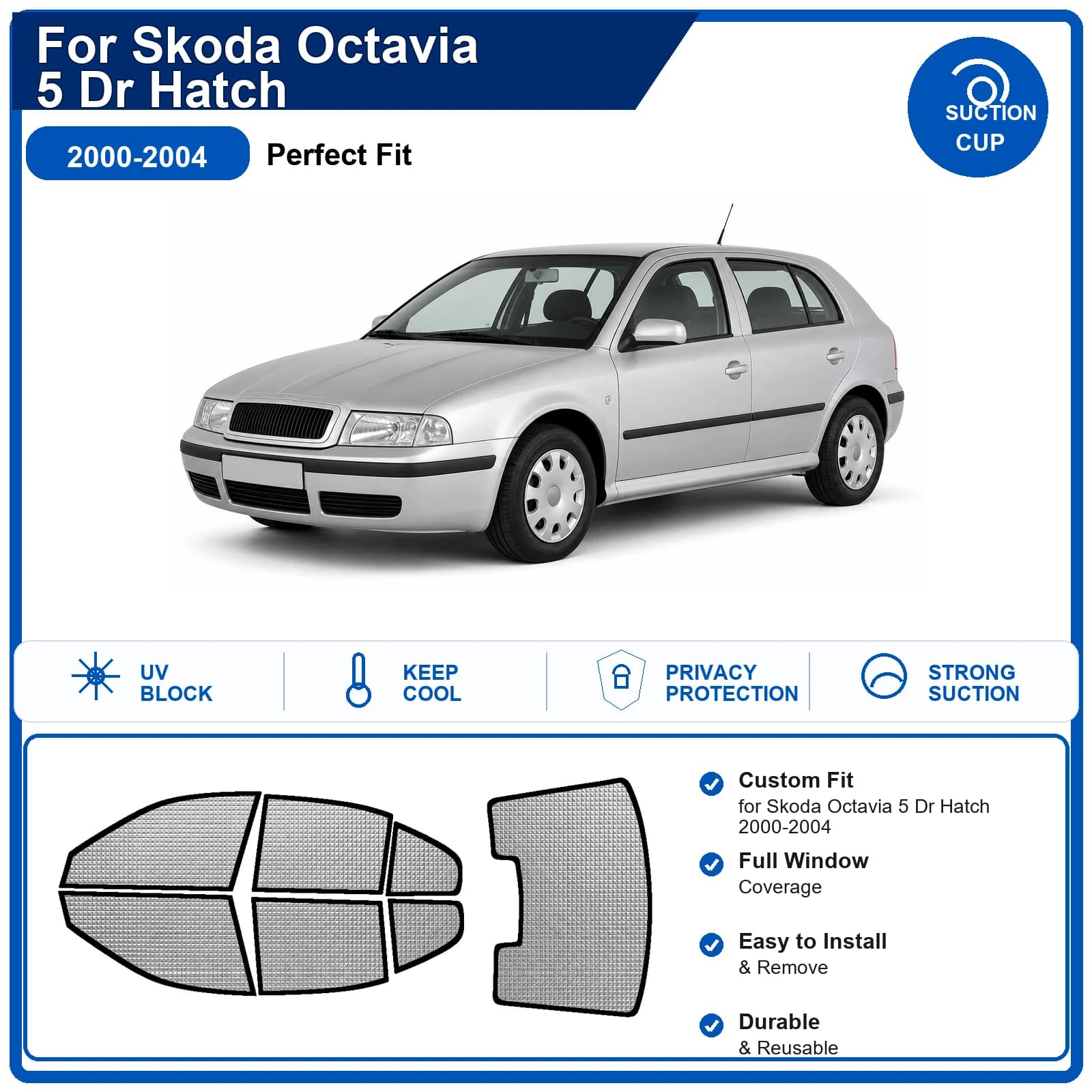For Skoda Octavia 5 Dr Hatch 2000-2004 Custom Full Set Windshield Sun Shade Aluminum Foil Heat Insulation Anti UV Foldable