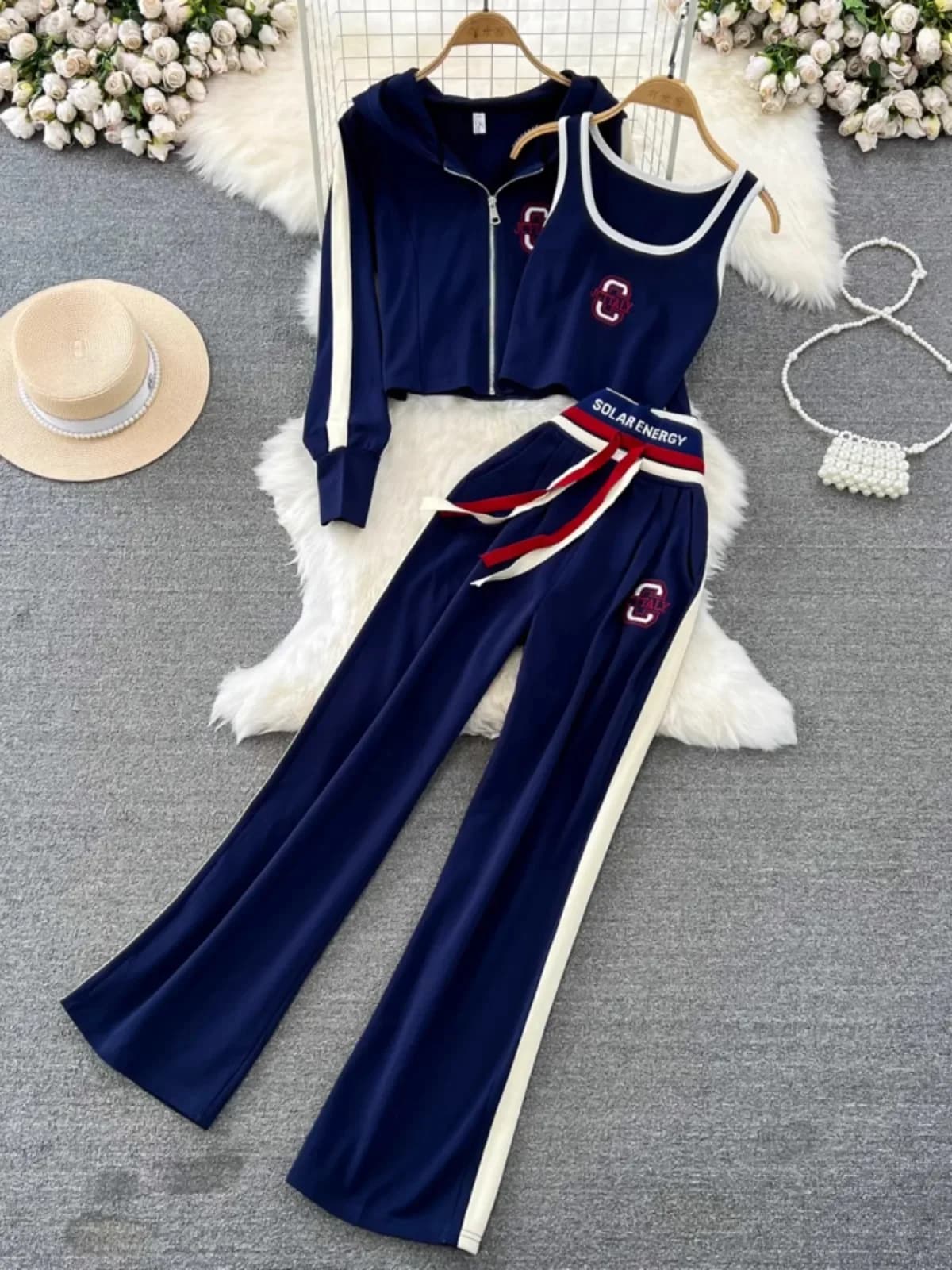 Moda Y2k Set a tre pezzi Giacca cardigan con cappuccio con cerniera da donna + Gilet base + Pantaloni a gamba larga a vita alta Abito casual coreano femminile