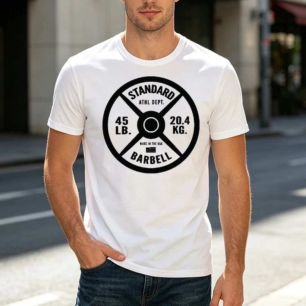 Vintage Barbell Weight Plate Graphic Tee Fitness Workout Pattern Men T Shirt Outfit Gift For Weightlifting Enthusiasts