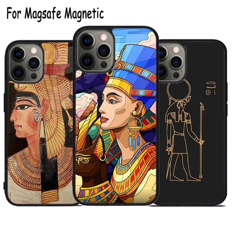 Cover Magnetica Wireless Magsafe con Arte Murale Egizia Antica per iPhone 17 Air 15 16 16e 14 13 11 12 Pro Max Plus