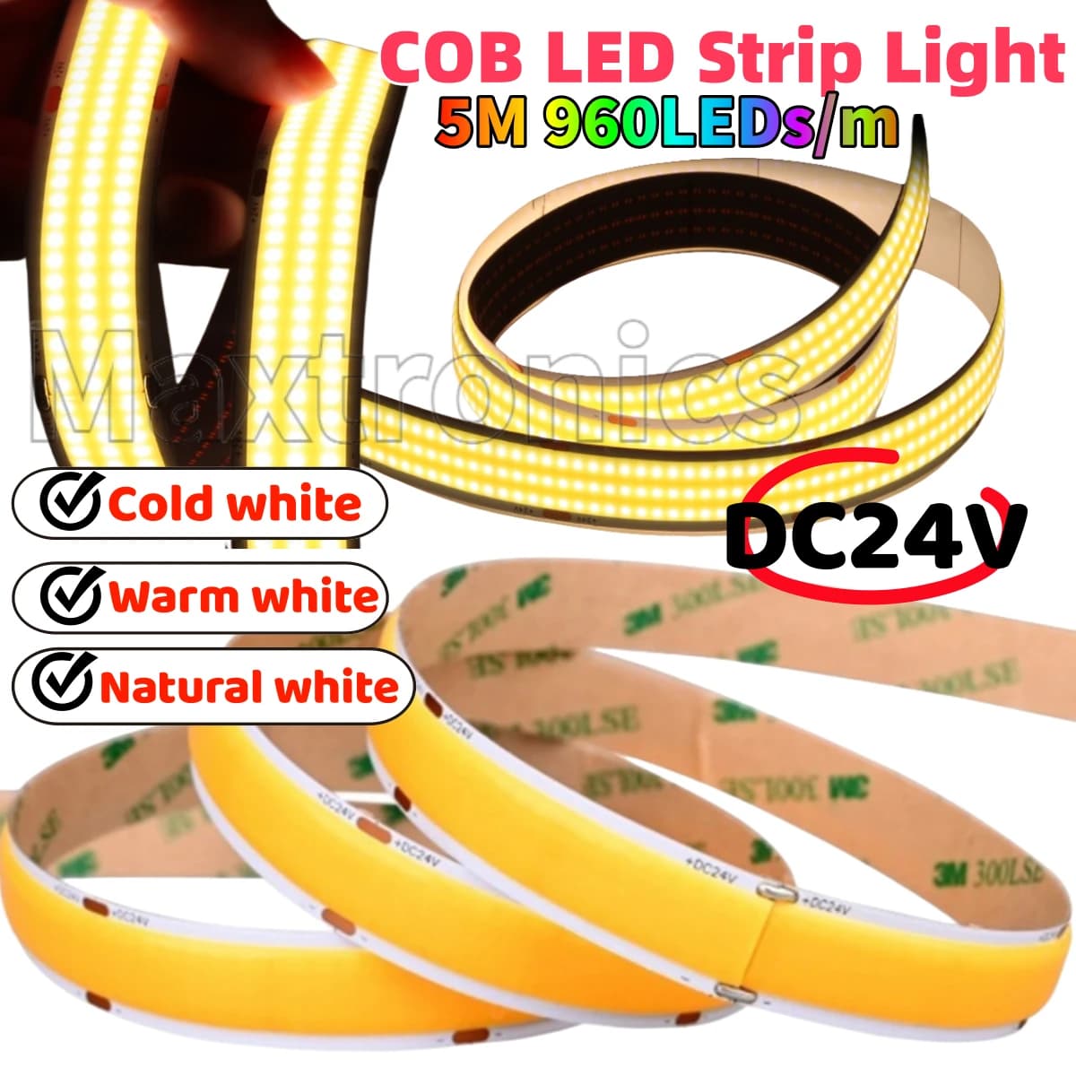 DC24V 5M 960LED/m COB LED Strip Light Super Bright 2200 lumen/m 3000/4000/6000K Ad alta densità flessibile RA90 Illuminazione a LED Tapee