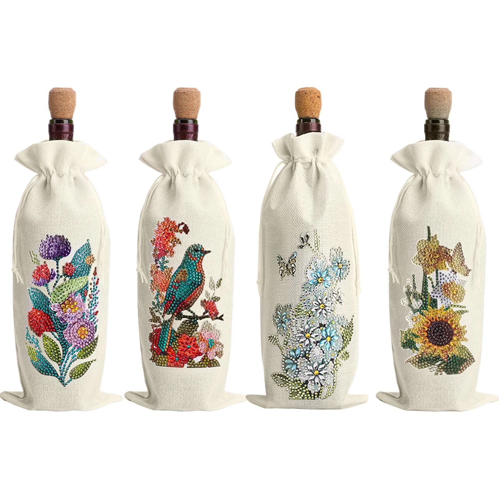 Kit 4 Pezzi Fai-da-Te per Decorazione Bottiglie di Vino con Diamanti (Fiore)