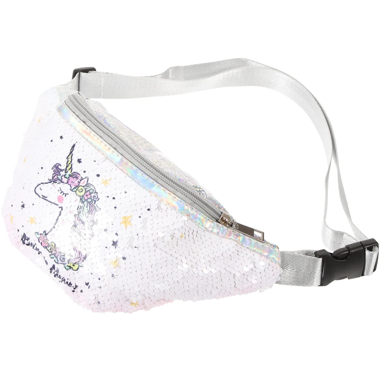 Unicorn Sequin Waist Bag White Adjustable Strap Chest Phone Pouch Fitness Running Cartoon Sequined Female Belt Bag Sports Pack
