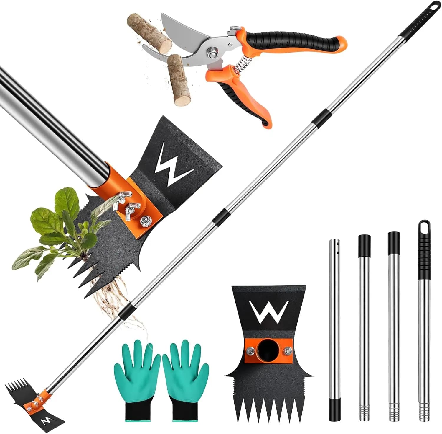 Garden Skewer with 60-inch Long Handle, 3-in-1 Tool: Rake, Grid and Potting Scissors for Meadow and Garden